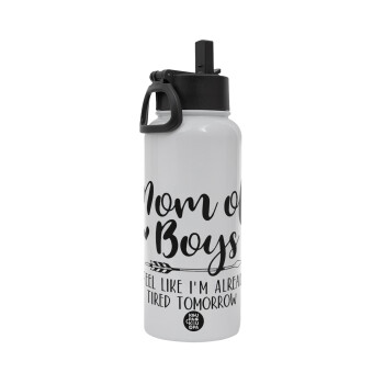 Mom of boys i feel like im already tired tomorrow, Metal mug thermo White with Straw and Spout Lid (Stainless steel), double wall, 950ml