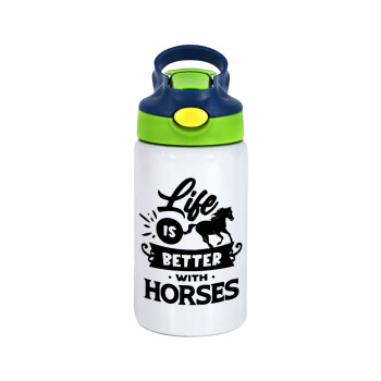 Life is Better with a Horses, Children's hot water bottle, stainless steel, with safety straw, green, blue (350ml)