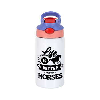 Life is Better with a Horses, Παιδικό παγούρι θερμό, ανοξείδωτο, με καλαμάκι ασφαλείας, ροζ/μωβ (350ml)
