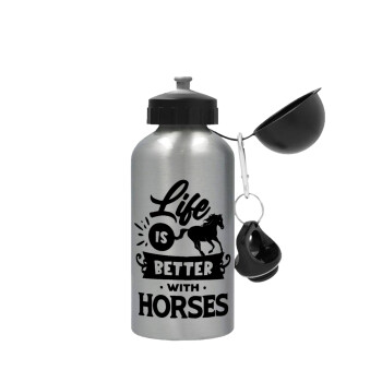 Life is Better with a Horses, Metallic water jug, Silver, aluminum 500ml