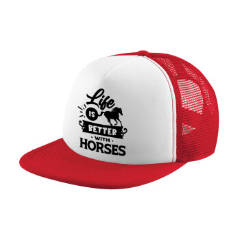 Life is Better with a Horses, Adult Soft Trucker Hat with Red/White Mesh (POLYESTER, ADULT, UNISEX, ONE SIZE)