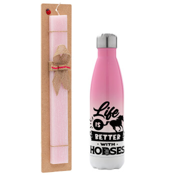 Life is Better with a Horses, Easter Set, Metallic pink/white (Stainless steel) thermos, double-walled, 500ml & aromatic flat Easter candle (30cm) (PINK)