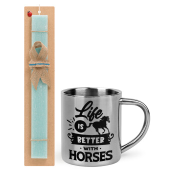 Life is Better with a Horses, Easter Set, metallic thermal cup (300ml) & aromatic flat Easter candle (30cm) (TURQUOISE)