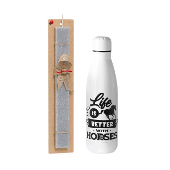 Life is Better with a Horses, Easter Set, metallic Inox water bottle (700ml) & Easter scented flat candle (30cm) (GRAY)