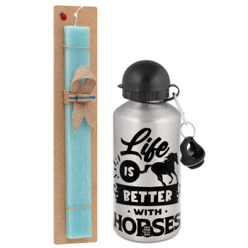 Life is Better with a Horses, Easter Set, metallic silver aluminum water bottle (500ml) & scented flat Easter candle (30cm) (TURQUOISE)