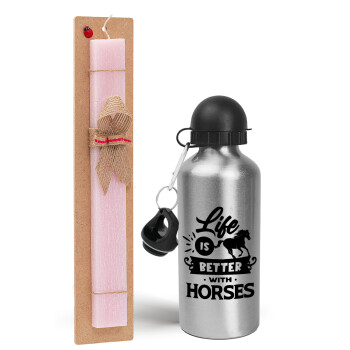 Life is Better with a Horses, Easter Set, metallic Silver aluminum water bottle (500ml) & scented flat Easter candle (30cm) (PINK)