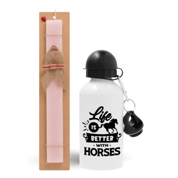 Life is Better with a Horses, Πασχαλινό Σετ, παγούρι μεταλλικό αλουμινίου (500ml) & πασχαλινή λαμπάδα αρωματική πλακέ (30cm) (ΡΟΖ)