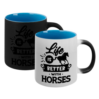 Life is Better with a Horses, Κούπα Μαγική εσωτερικό μπλε, κεραμική 330ml που αλλάζει χρώμα με το ζεστό ρόφημα