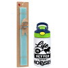 Easter Set, Children's thermal stainless steel bottle with safety straw, green/blue (350ml) & aromatic flat Easter candle (30cm) (TURQUOISE)