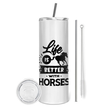 Life is Better with a Horses, Eco friendly stainless steel tumbler 600ml, with metal straw & cleaning brush