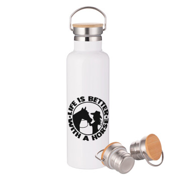 Life is Better with a Horse, Stainless steel White with wooden lid (bamboo), double wall, 750ml