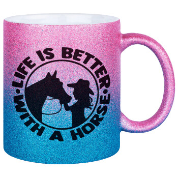 Life is Better with a Horse, Κούπα Χρυσή/Μπλε Glitter, κεραμική, 330ml