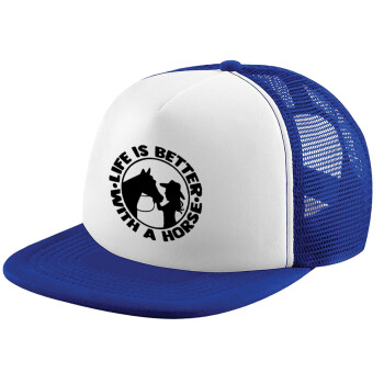 Life is Better with a Horse, Adult Soft Trucker Hat with Blue/White Mesh (POLYESTER, ADULT, UNISEX, ONE SIZE)