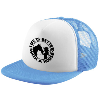 Life is Better with a Horse, Child's Soft Trucker Hat with Blue/White Mesh (POLYESTER, CHILD, ONE SIZE)