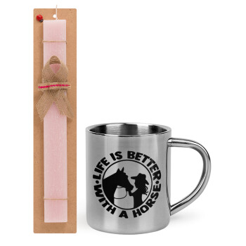 Life is Better with a Horse, Easter Set, metallic thermal cup (300ml) & aromatic flat Easter candle (30cm) (PINK)