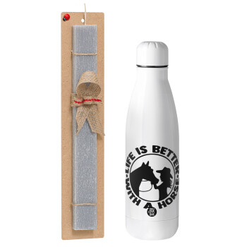 Life is Better with a Horse, Easter Set, metallic Inox water bottle (700ml) & Easter scented flat candle (30cm) (GRAY)