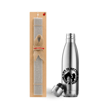 Life is Better with a Horse, Easter Set, metallic stainless thermos flask (500ml) & scented flat Easter candle (30cm) (GRAY)