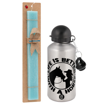 Life is Better with a Horse, Easter Set, metallic silver aluminum water bottle (500ml) & scented flat Easter candle (30cm) (TURQUOISE)