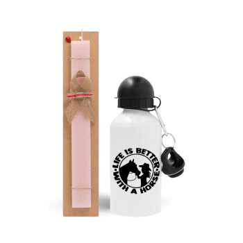 Life is Better with a Horse, Easter Set, metallic aluminum bottle (500ml) & aromatic flat Easter candle (30cm) (PINK)