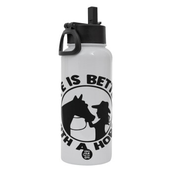 Life is Better with a Horse, Metal mug thermo White with Straw and Spout Lid (Stainless steel), double wall, 950ml