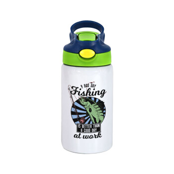 A bad day FISHING is better than a good day at work, Children's hot water bottle, stainless steel, with safety straw, green, blue (350ml)
