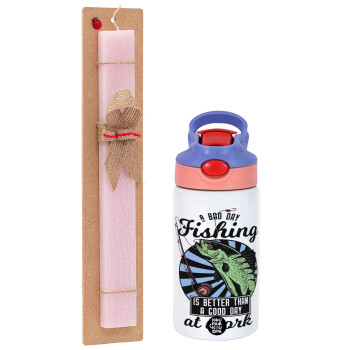 A bad day FISHING is better than a good day at work, Easter Set, Children's thermal stainless steel water bottle with safety straw, pink/purple (350ml) & Easter scented flat candle (30cm) (PINK)