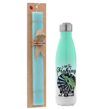 A bad day FISHING is better than a good day at work, Easter Set, Metallic green/white thermos (Stainless steel), double-walled, 500ml & scented flat Easter candle (30cm) (TURQUOISE)