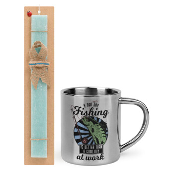 A bad day FISHING is better than a good day at work, Easter Set, metallic thermal cup (300ml) & aromatic flat Easter candle (30cm) (TURQUOISE)