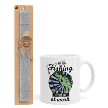 A bad day FISHING is better than a good day at work, Easter Set, Ceramic Cup (330ml) & Easter aromatic flat candle (30cm) (GRAY)