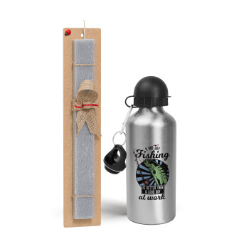 A bad day FISHING is better than a good day at work, Easter Set, metallic silver aluminum water bottle (500ml) & aromatic flat Easter candle (30cm) (GRAY)