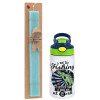 Easter Set, Children's thermal stainless steel bottle with safety straw, green/blue (350ml) & aromatic flat Easter candle (30cm) (TURQUOISE)