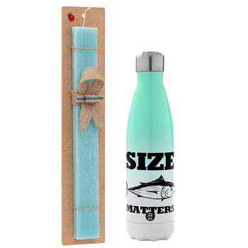 Size matters, Easter Set, Metallic green/white thermos (Stainless steel), double-walled, 500ml & scented flat Easter candle (30cm) (TURQUOISE)