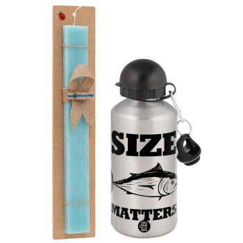 Size matters, Easter Set, metallic silver aluminum water bottle (500ml) & scented flat Easter candle (30cm) (TURQUOISE)