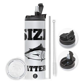 Size matters, Travel Tumbler θερμό με διπλό καπάκι, μεταλλικό καλαμάκι και βούρτσα καθαρισμού (Ανωξείδωτο 304 Food grade, BPA free, 600ml)