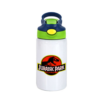 Jurassic park, Children's hot water bottle, stainless steel, with safety straw, green, blue (350ml)