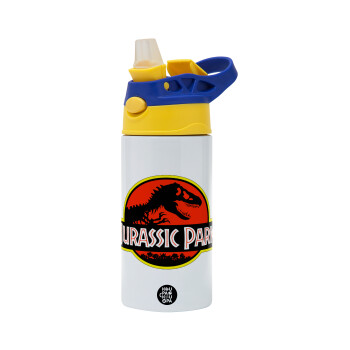 Jurassic park, Children's hot water bottle, stainless steel, with safety straw, green, blue (360ml) BPA FREE