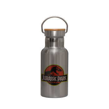 Jurassic park, Stainless steel metallic thermos flask, silver with a bamboo lid, double-walled, 350ml.