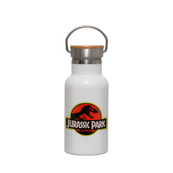 Jurassic park, Metallic thermos (Stainless steel) White with wooden lid (bamboo), double-walled, 350ml