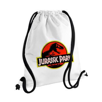 Jurassic park, Τσάντα πλάτης πουγκί GYMBAG λευκή, με τσέπη (40x48cm) & χονδρά κορδόνια