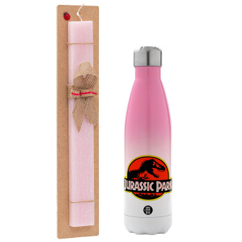 Jurassic park, Easter Set, Metallic pink/white (Stainless steel) thermos, double-walled, 500ml & aromatic flat Easter candle (30cm) (PINK)