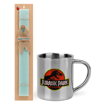 Jurassic park, Easter Set, metallic thermal cup (300ml) & aromatic flat Easter candle (30cm) (TURQUOISE)