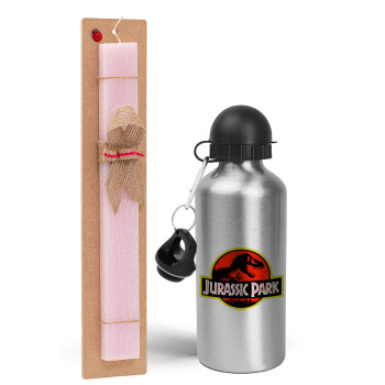 Jurassic park, Easter Set, metallic Silver aluminum water bottle (500ml) & scented flat Easter candle (30cm) (PINK)