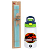 Easter Set, Children's thermal stainless steel bottle with safety straw, green/blue (350ml) & aromatic flat Easter candle (30cm) (TURQUOISE)