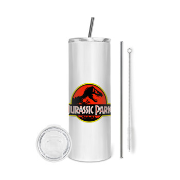 Jurassic park, Tumbler ποτήρι θερμό από ανοξείδωτο ατσάλι 600ml, με μεταλλικό καλαμάκι & βούρτσα καθαρισμού