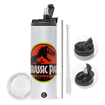 Jurassic park, Travel Tumbler θερμό με διπλό καπάκι, μεταλλικό καλαμάκι και βούρτσα καθαρισμού (Ανωξείδωτο 304 Food grade, BPA free, 600ml)