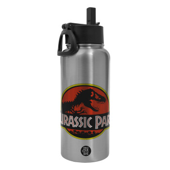 Jurassic park, Metal mug thermo Silver with Straw and Spout Lid (Stainless steel), double wall, 950ml