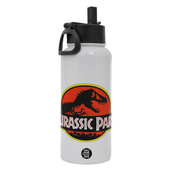 Jurassic park, Metal mug thermo White with Straw and Spout Lid (Stainless steel), double wall, 950ml