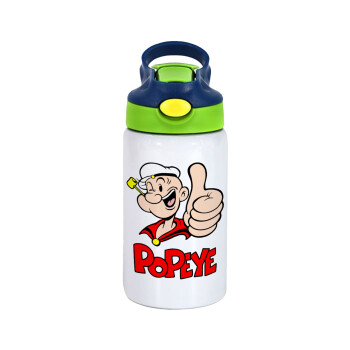 Popeye the sailor man, Children's hot water bottle, stainless steel, with safety straw, green, blue (350ml)