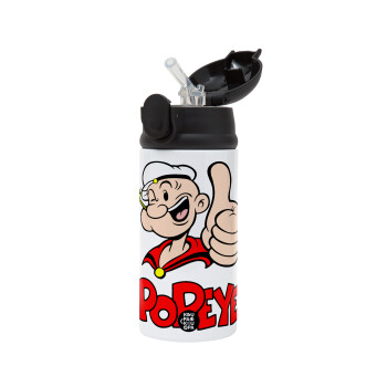 Popeye the sailor man, Children's hot water bottle, stainless steel, with safety straw, Black (360ml) BPA-FREE