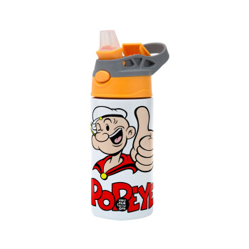 Popeye the sailor man, Children's hot water bottle, stainless steel, with safety straw, Orange/Grey (360ml) BPA-FREE